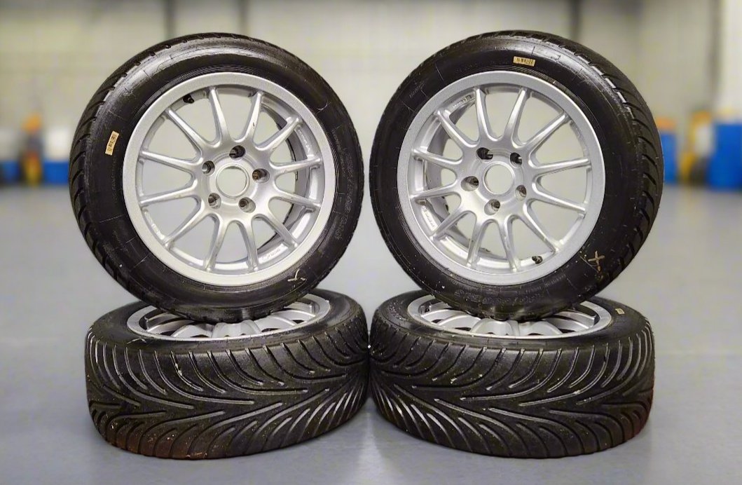 5 X 110 Team Dynamics Pro Race 1.2, 15" Alloy Wheels & Goodyear (Dunlop) Full Wet Tyres. (Set of 4)