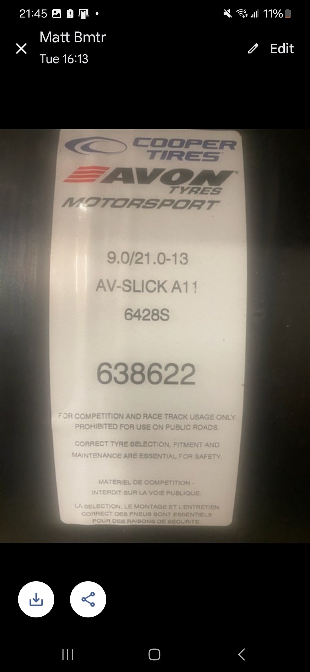 Avon 9.0/21.0/13 (6428S) Slick Racing Tyres. New. Monoposto / Single Seater