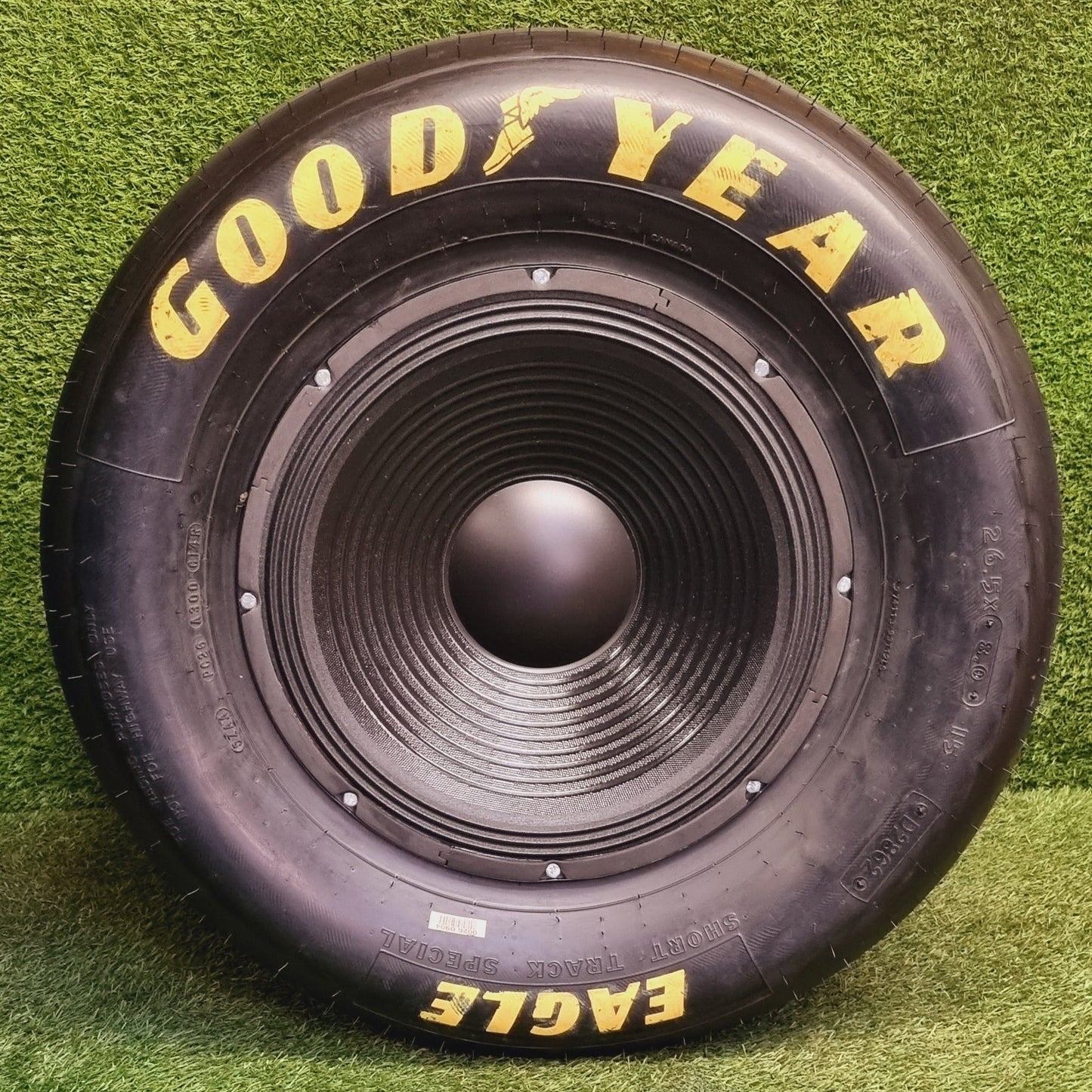 15" Bluetooth Speaker built into a New Goodyear Racing Slick Tyre.